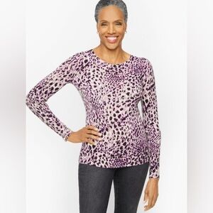 Talbots Merino Wool Puff Sleeve Sweater Animal Print Ivory Violet Tulle Medium